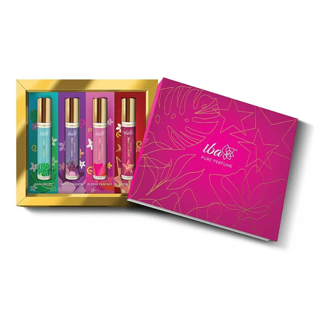 Iba Pure Perfume Gift Set - Set of 4 Alcohol Free Rollerball Perfumes (Rain Drops | Floral Fantasy | Sweet Passion |Show Stopper)