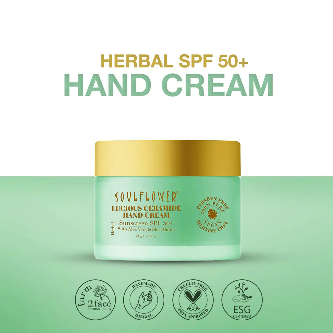 Soulflower Sunscreen SPF 50+ Hand Cream with Aloe Vera and Shea Butter, Soulflower Lucious Ceramide Paraben Free, Silicon Free, Vegan, Non Comedogenic Moisturizer, 50g