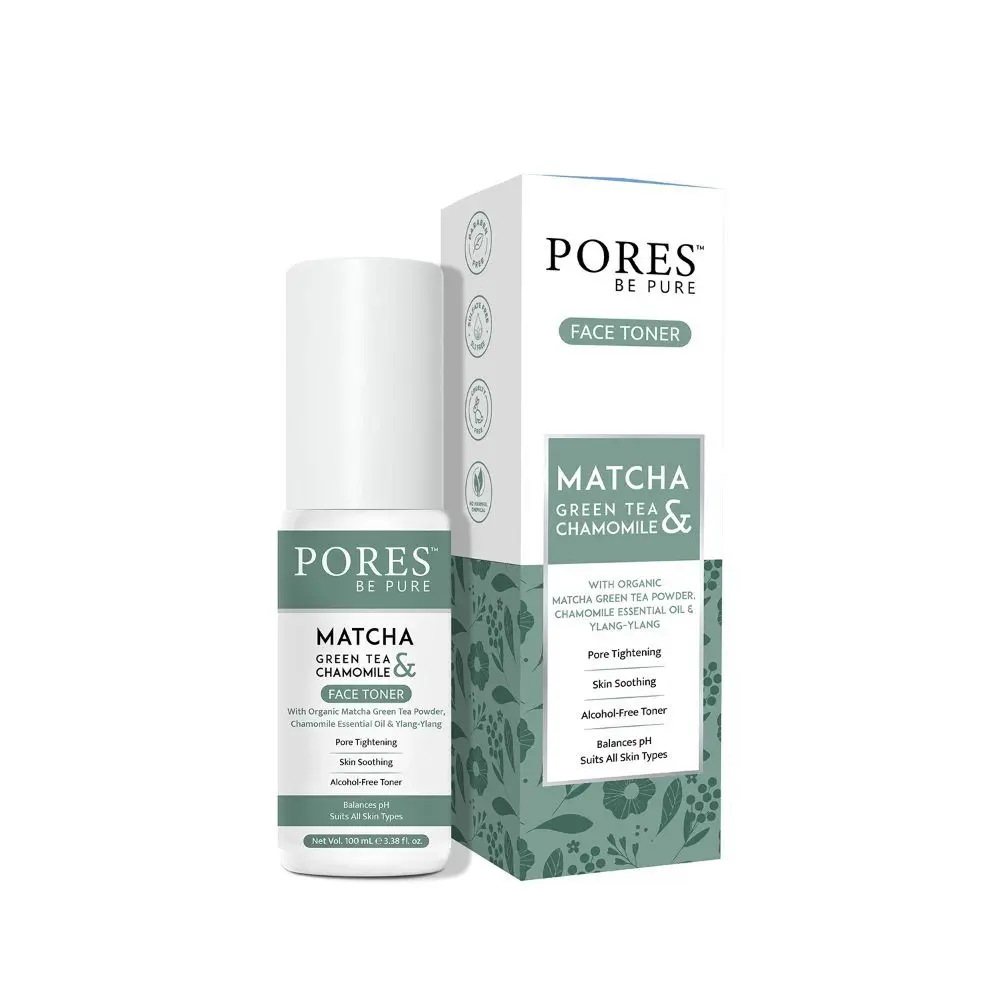 PORES Be Pure Matcha Green Tea Face Toner with Chamomile & Ylang-Ylang Pore Tightening Skin Soothing Balances pH Suits All Skin Types Alcohol Free Face Toner – 100ml 