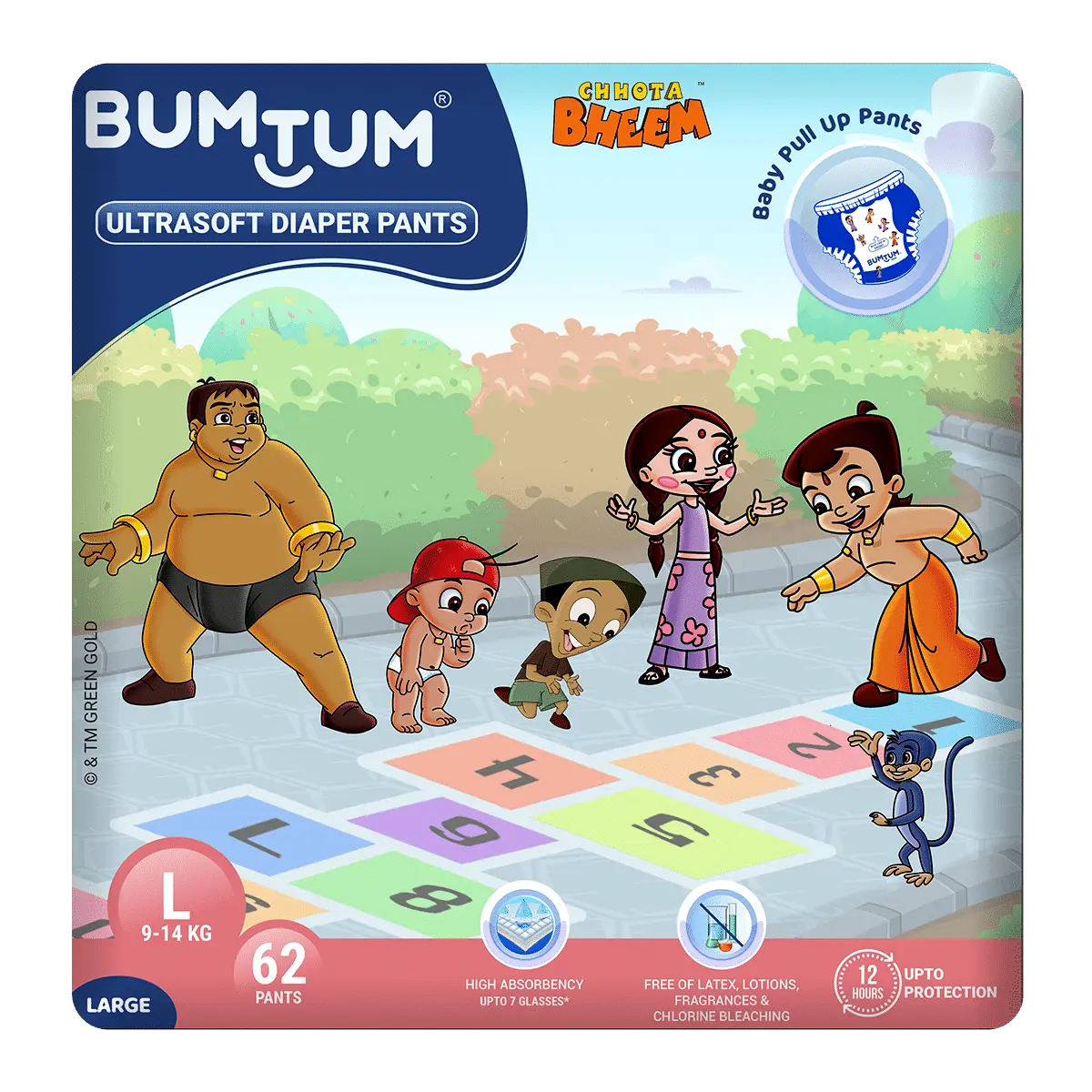 Bumtum Chota Bheem Baby Diaper Pants with Leakage Protection -9 to 14 Kg (Large, 62 Count, Pack of 1)