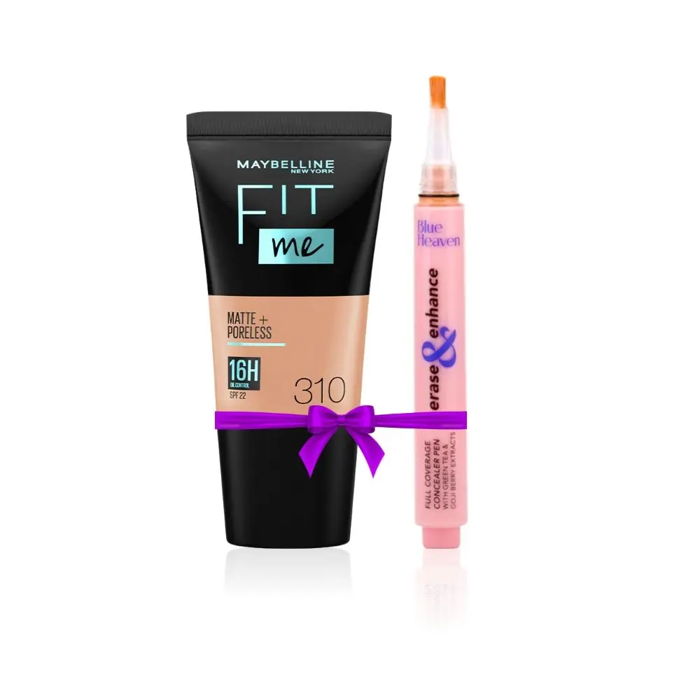 Maybelline New York Fit Me Matte+Poreless Liquid Foundation Tube, 310 Sun Beige, 18ml + Blue Heaven Erase & Enhance Buildable Coverage Concealer Pen, Peach speacial combo