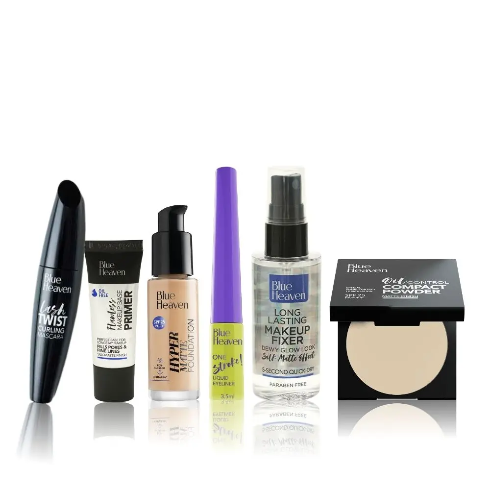 Blue Heaven Fusion Package (Flawless Primer, Hyper Matte Foundation - 103 Natural Sand, Oil Control Compact - Vanilla Fair, Lash Twist Mascara - Black Pack, Liquid Eyeliner - Jet Black, Makeup Fixer) ( 16 ml + 30 ml + 8 g + 12 ml + 3.5 ml)