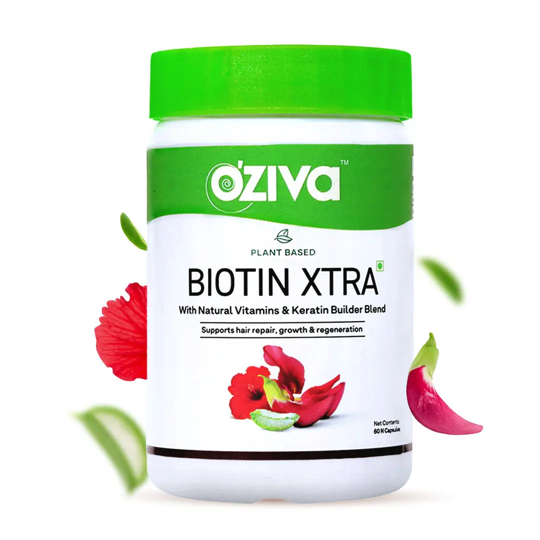 OZiva Plant Based Biotin Xtra (with Keratin Builder) for Hair Repair & Regeneration, 60 Veg Biotin Capsules