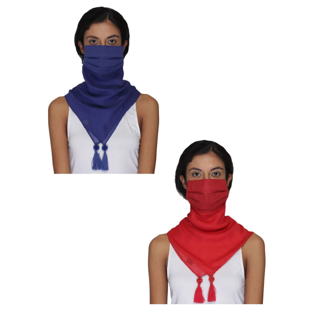 Anekaant Pack Of 2 Multicolor 3-Ply Reusable Solid Cotton Tesselled Scarf Style Fashion Mask