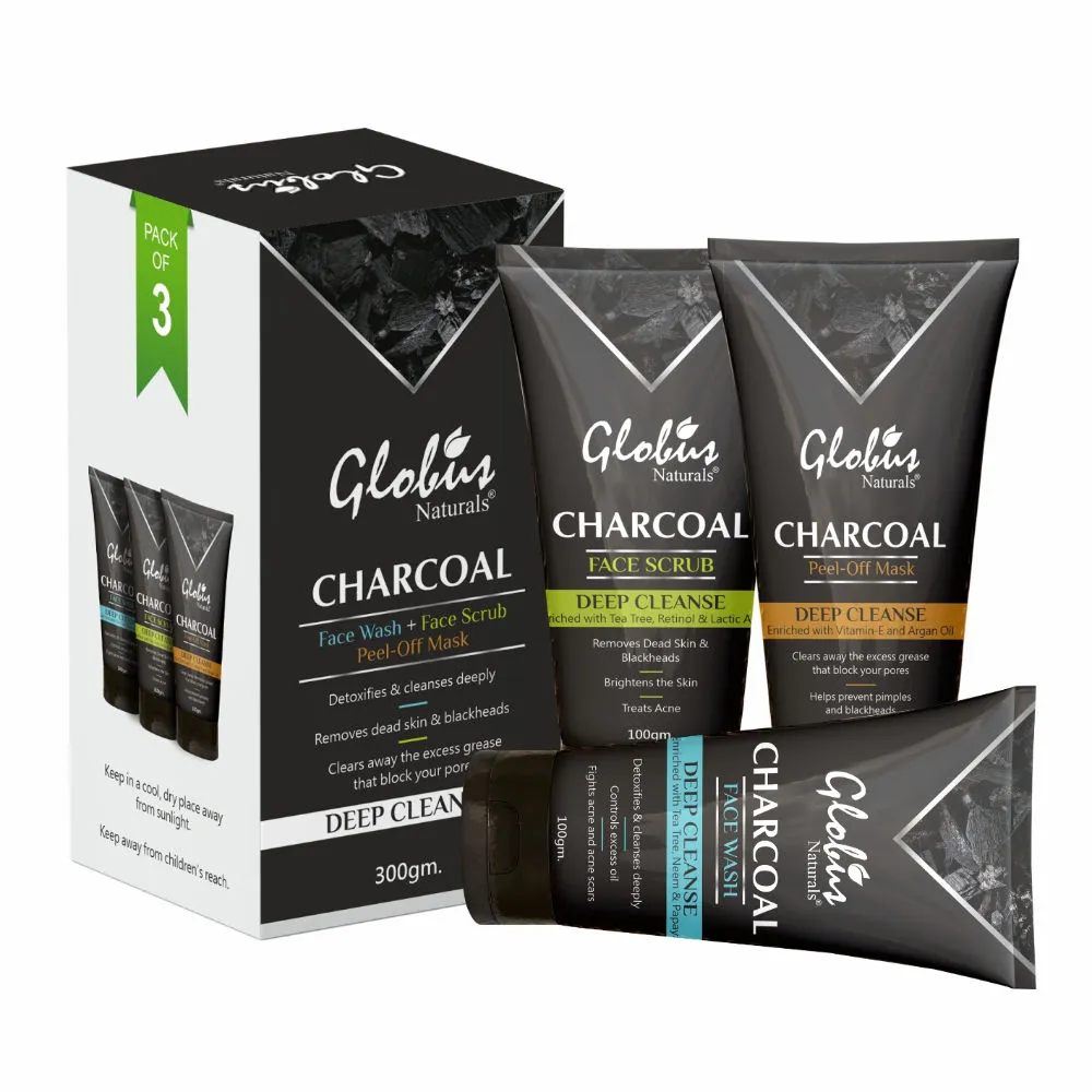 Globus Naturals Charcoal Face Wash + Face Scrub + Peel Off Mask