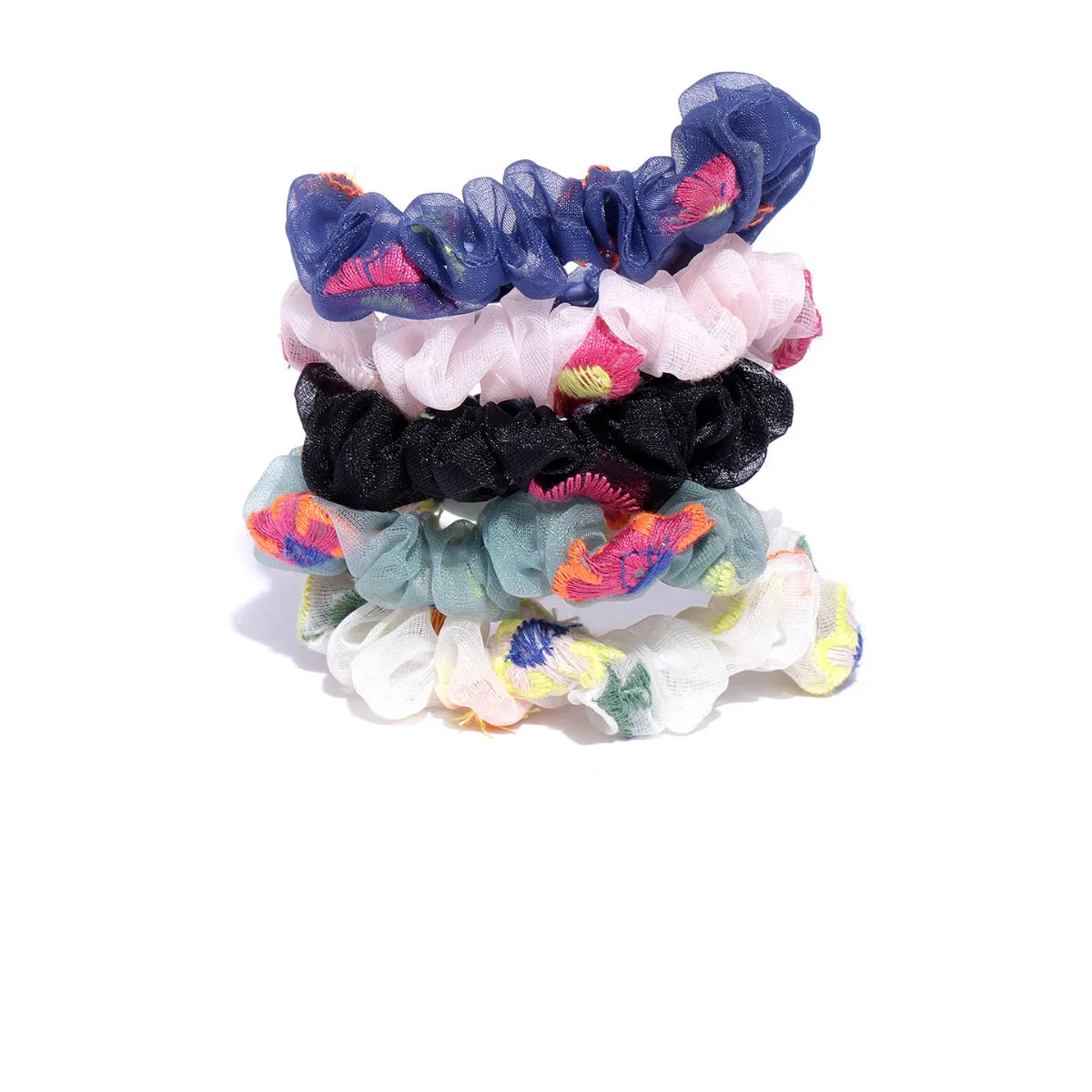 Blueberry Set Of 5 Multi Embriodery Scrunchies