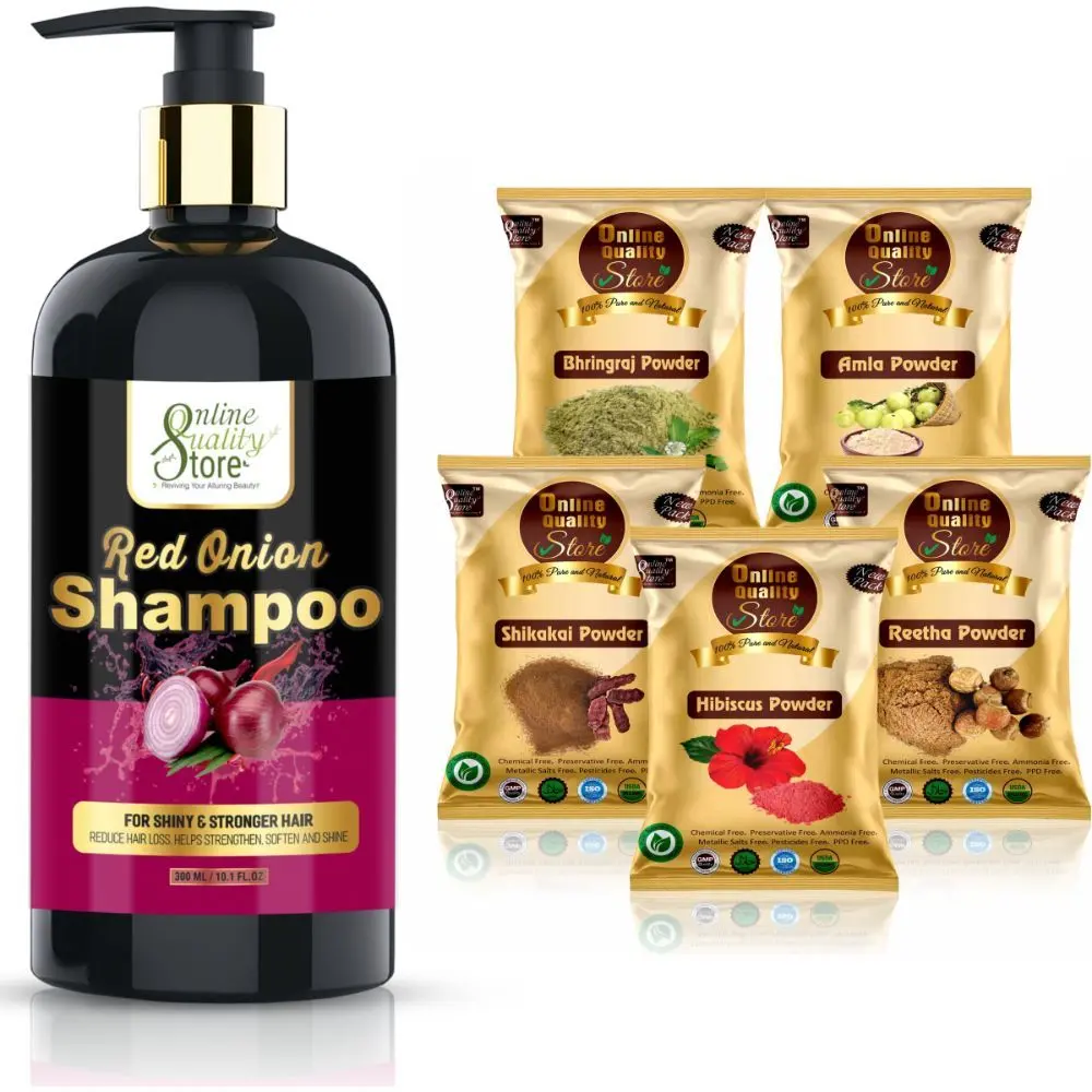 Online Quality Store Combo Herbal Red Onion shampoo -300ml and Reetha Powder (50g), Shikakai Powder (50g), Hibiscus Powder (50g), Amla Powder (50g), Bhrinraj Powder (50g){Combo-Onionshampoo+hcombo200}
