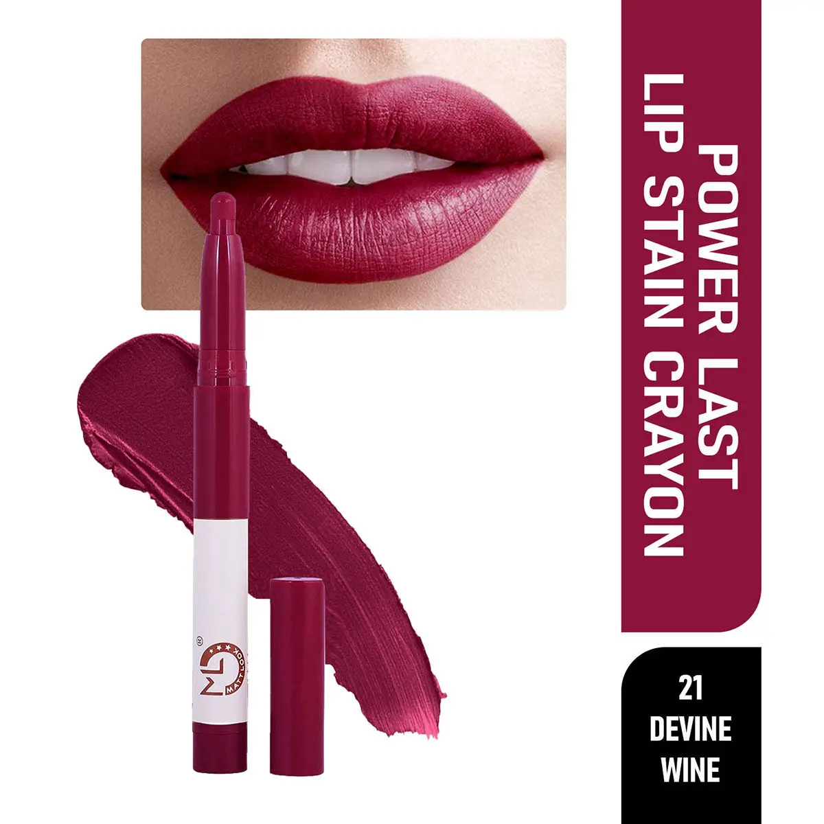 Mattlook Power Last Lip Stain Crayon Lipstick Rich Colour, Non Transfer, Mask Proof & Luxurious Creamy Matte, Divine Wine (1.3gm)