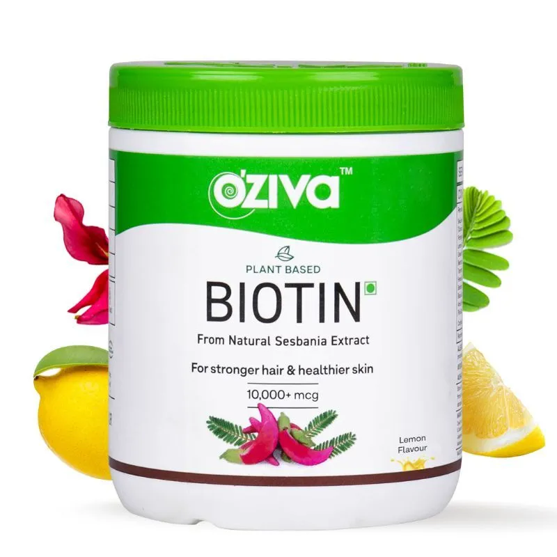 Oziva Plant Based Biotin 10000+ Mcg With Sesbania Agati, Bamboo Shoot & Amla - Lemon Flavor