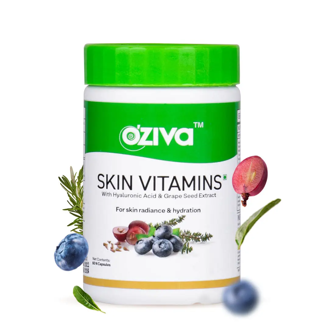 OZiva Skin Vitamins With Hyaluronic Acid & Grape Seed Extract for Skin Radiance & Hydration, 60 capsules