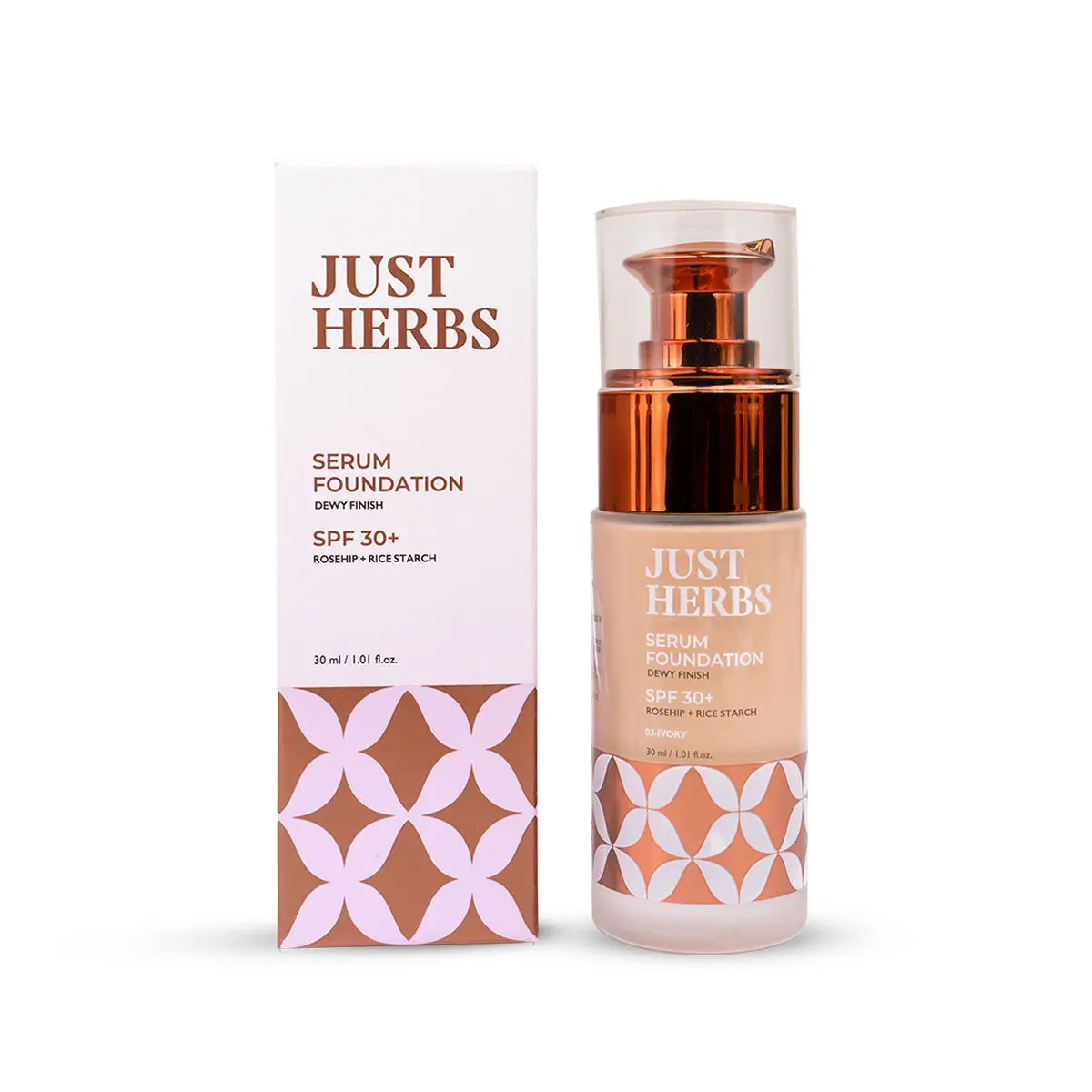 Just Herbs 12 Hours Full Coverage Serum Foundation SPF 30+ With Rosehip Oil And Rice Starch, Ivory -30 ML