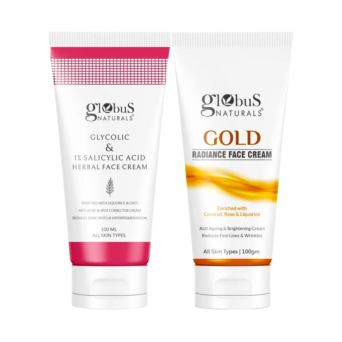 Globus Naturals Glycolic & 1% Salicylic Acid Anti-Acne & Gold Radiance Brightening Face Cream Combo - Set of 2