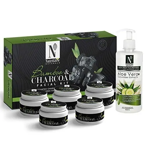 NutriGlow NATURAL'S Bamboo Charcoal Facial Kit (260gm) With Aloe Vera & Cucumber Lotion (500ml) For Detoxifies Skin