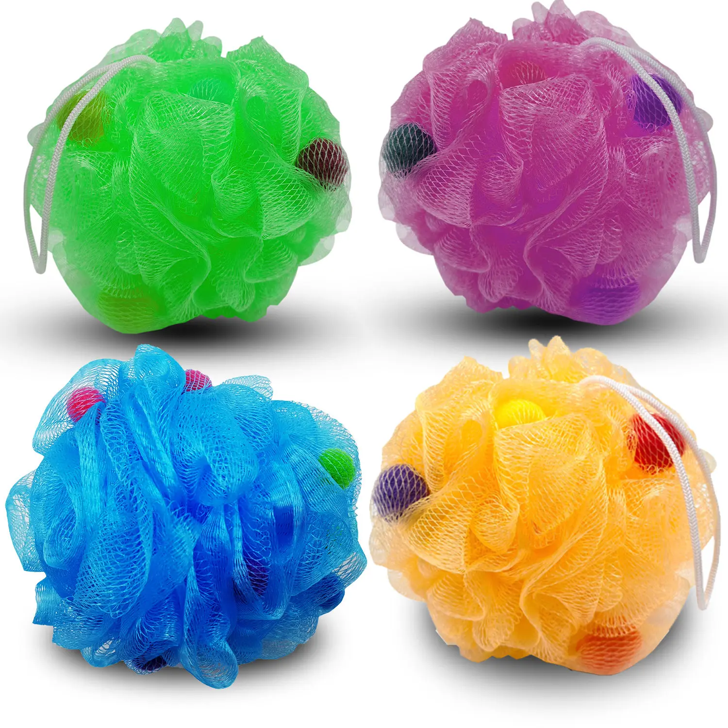 Majestique Shower Puff Bath Sponge Loofah - Shower Essential Skin Care 4Pcs - Color May Vary