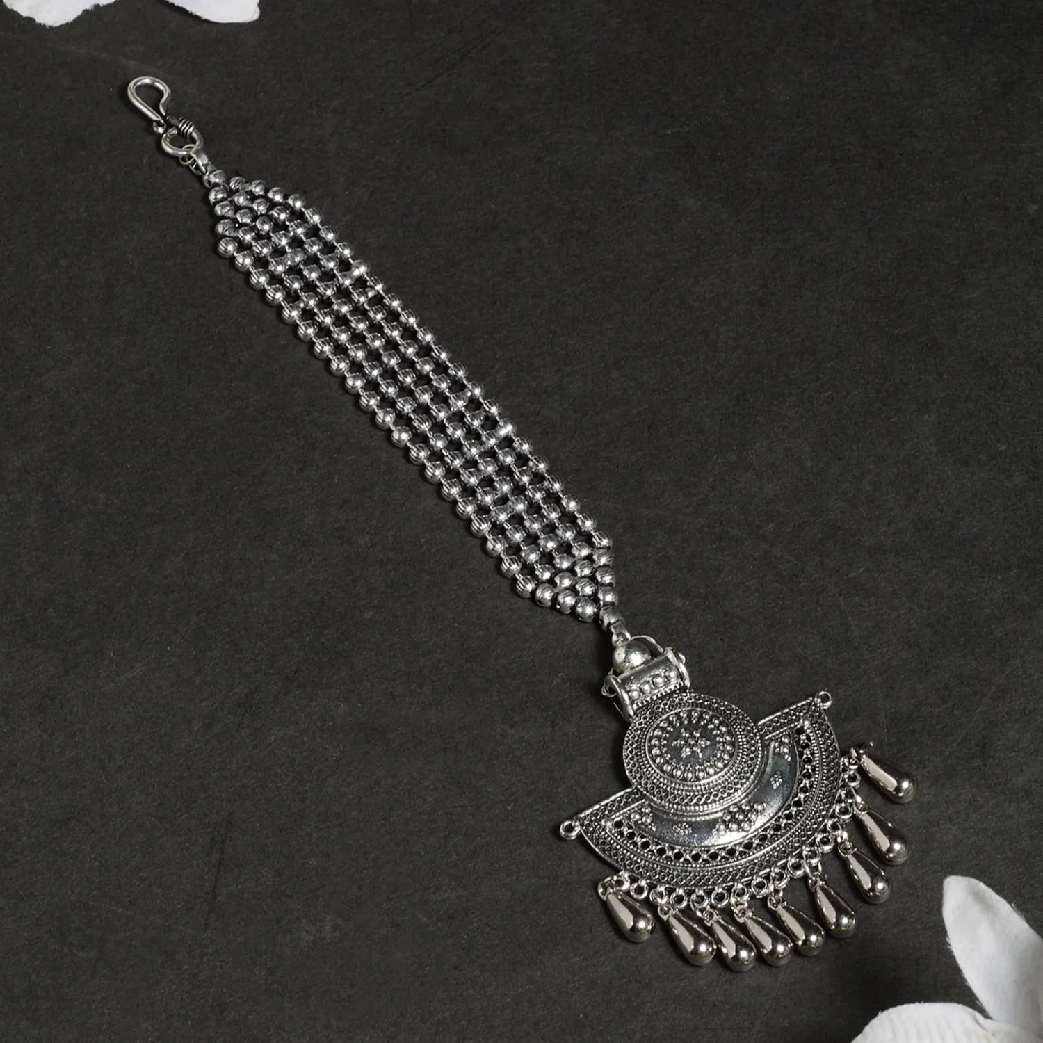 Moedbuille Oxidised Silver Plated Antique Temple Design Leheriya Textured Style Maang Tikka