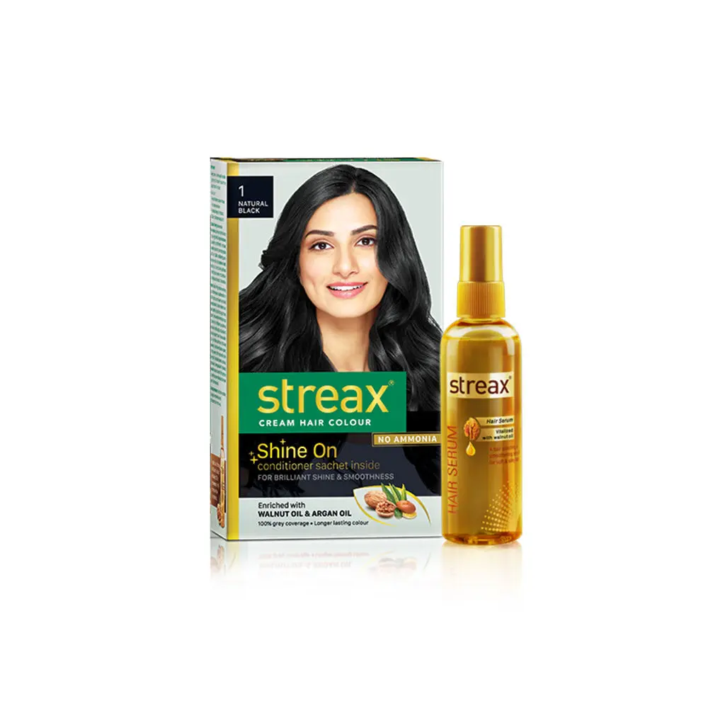 Streax Hair Serum vitalised with Walnut Oil + Streax Hair Colour- Natural Black (100 ml + 120 ml)