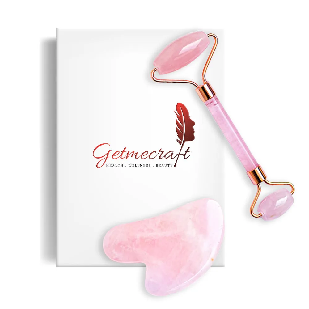 Getmecraft Rose Quartz Roller And Gua Sha For Face, Neck, Dark Circles And Under Eye Treatment