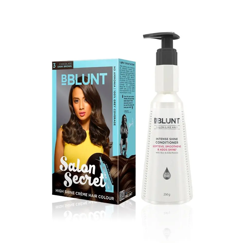 BBLUNT Salon Secret High Shine Creme Hair Colour - Chocolate Dark Brown 3. No Ammonia  ( 100 g+8ml)+BBLUNT Intense Shine Shampoo with Rice & Silk Protein for 23X* Shinier Hair - 300 ml