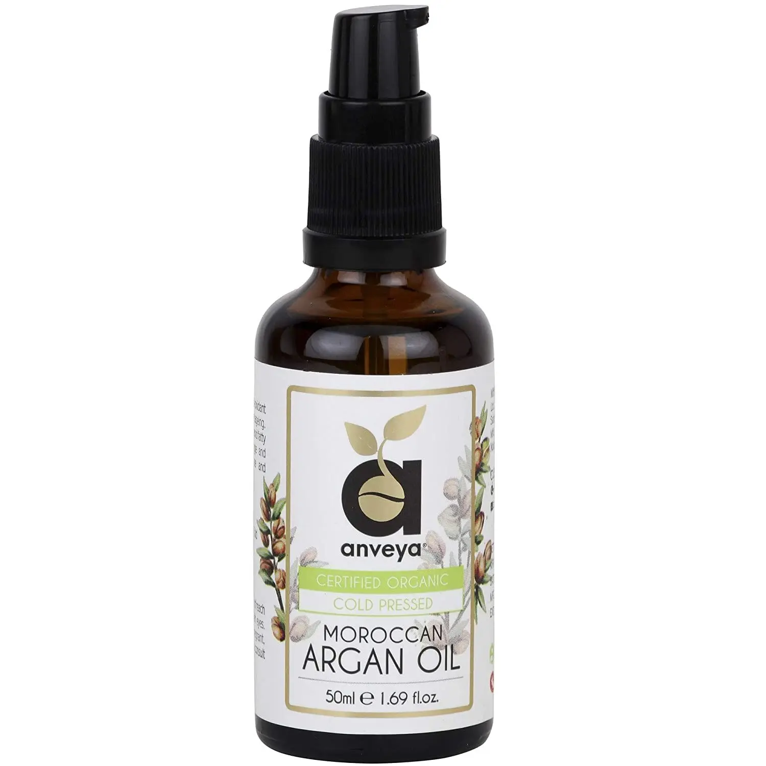 Anveya Moroccan Argan Oil, Cold-Pressed Organic , 50ml, For Hair, Skin, Face Care & Stretch Marks