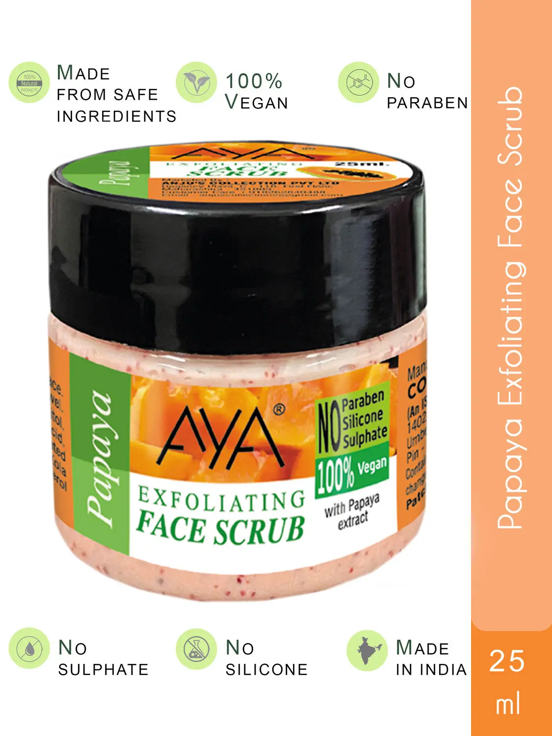 AYA Papaya Exfoliating Face Scrub, 25 ml | No Paraben, No Silicone, No Sulphate, 100% Vegan