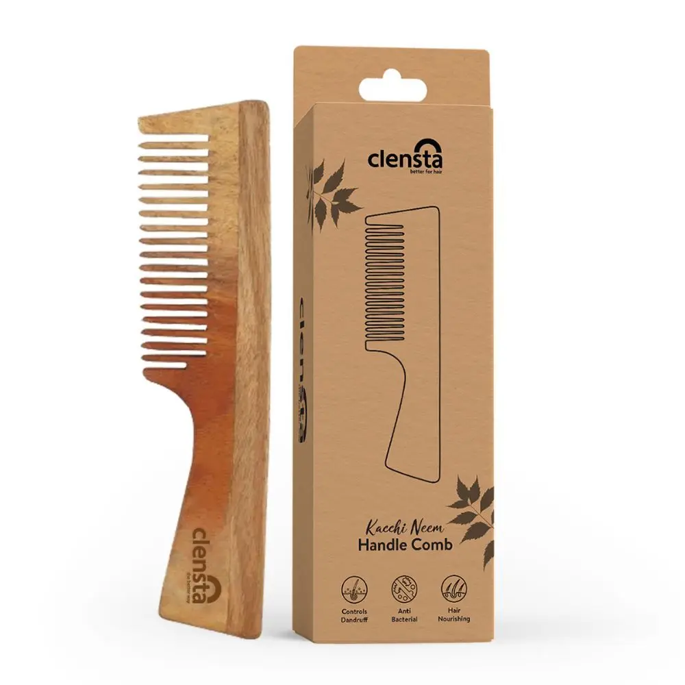 Clensta Kacchi Neem Wide Tooth Wooden Handle Comb| Hair Growth, Hairfall, Dandruff Control| Hair Straightening, Frizz Control| Comb for Men, Women