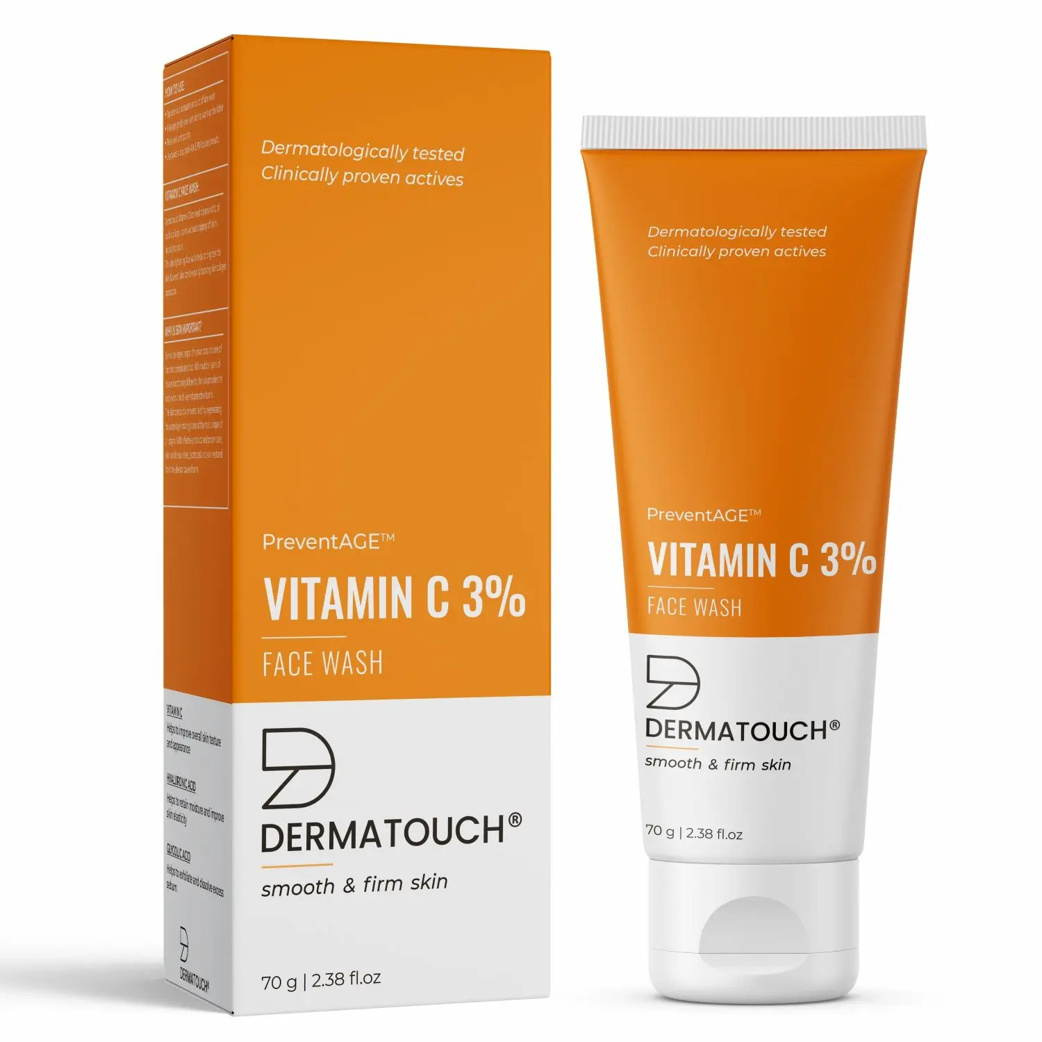 DERMATOUCH Vitamin C 3% Face Wash for Glowing Skin | Smooth & Firm Skin | Anti-aging Face Wash for Men & Women - 70G