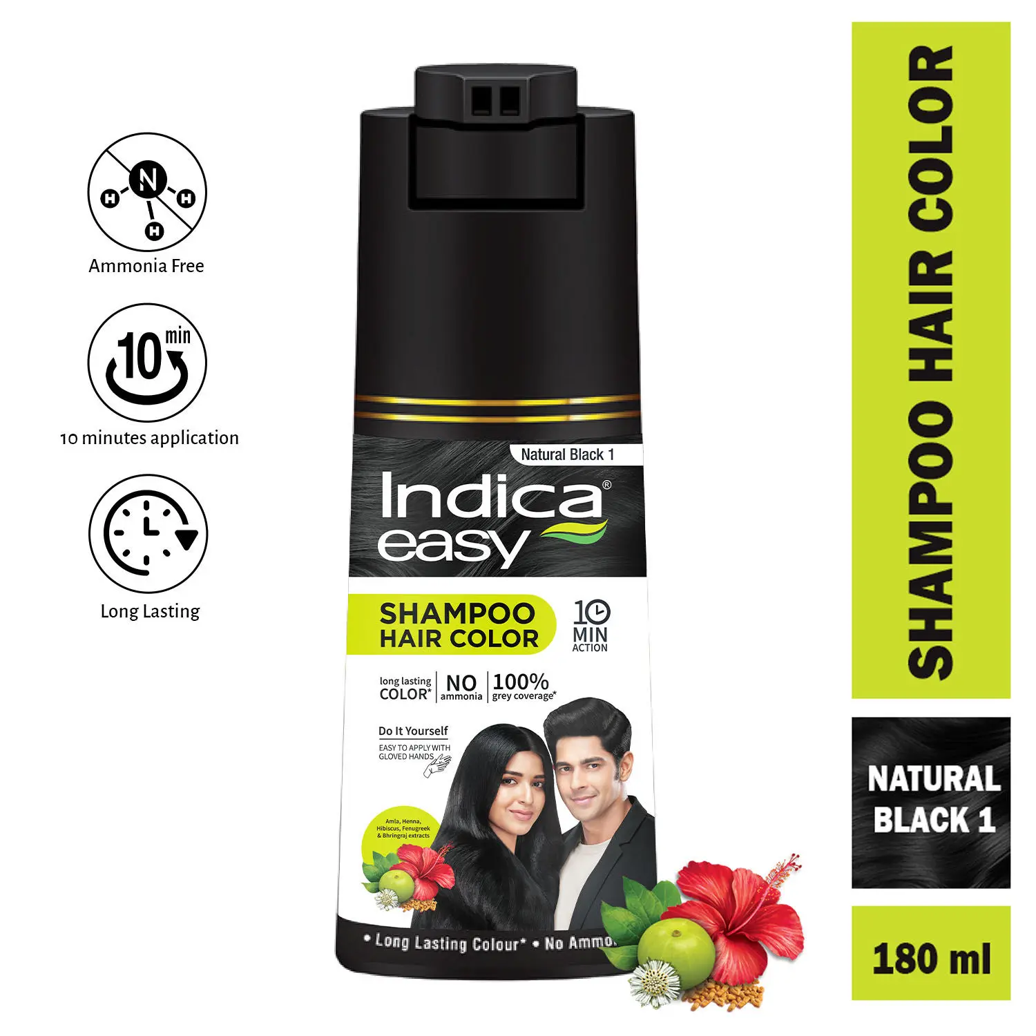 Indica Easy Do-It-Yourself Hair Color Shampoo Pump Pack with 5 Herbal Extracts and 100% Ammonia Free, Long Lasting Formula, 180 ML - Natural Black Colour (Gloves Included)