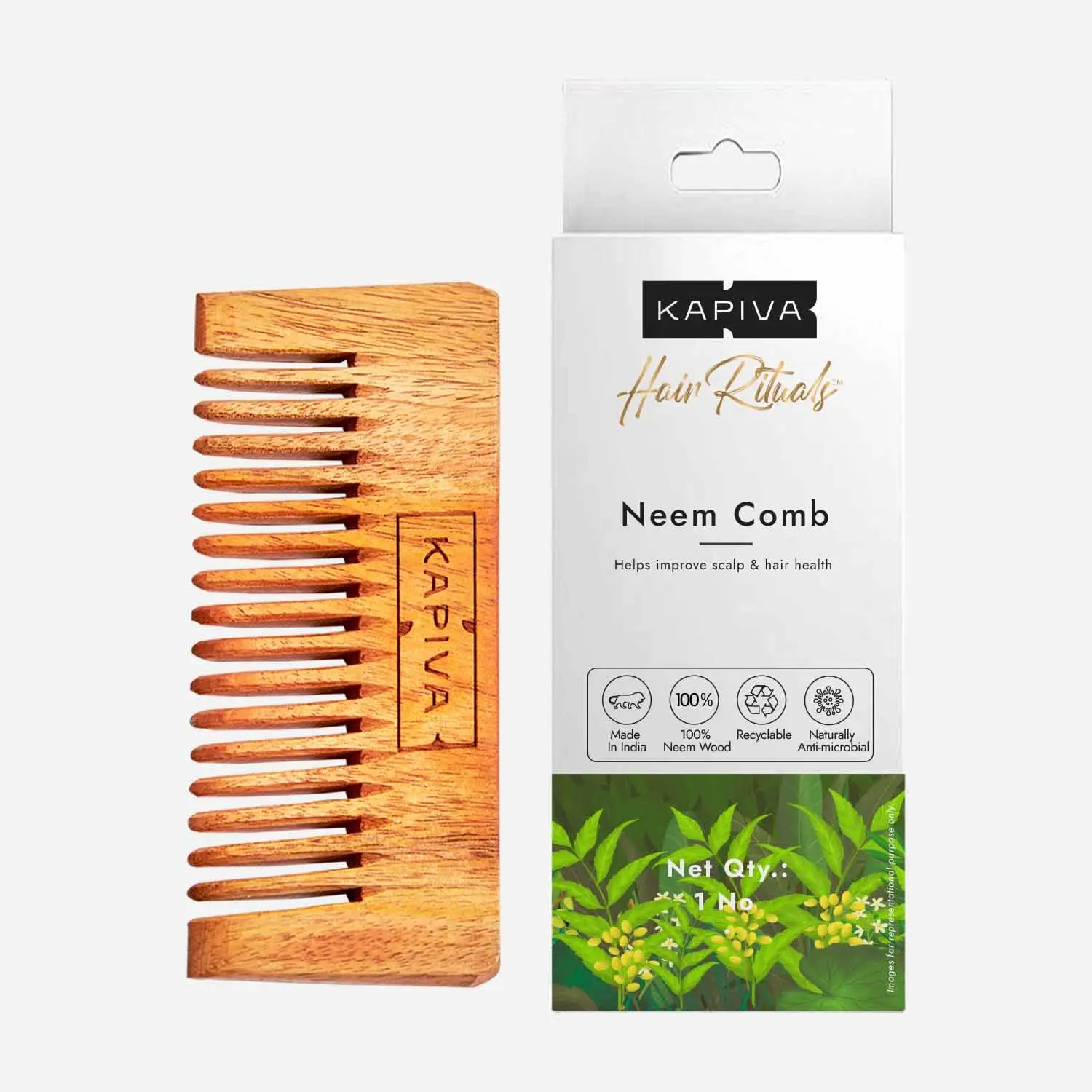 Kapiva Neem Comb | 100% Pure Neem Wood for Men & Women | Hair growth, Dandruff Control