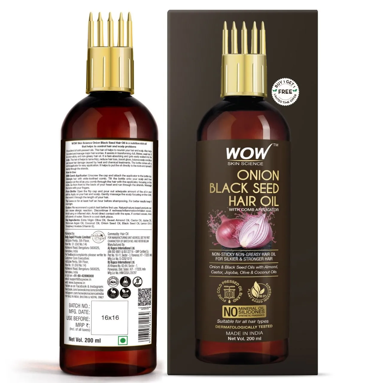 WOW Skin Science Onion Black Seed Hair Oil With Comb Applicator