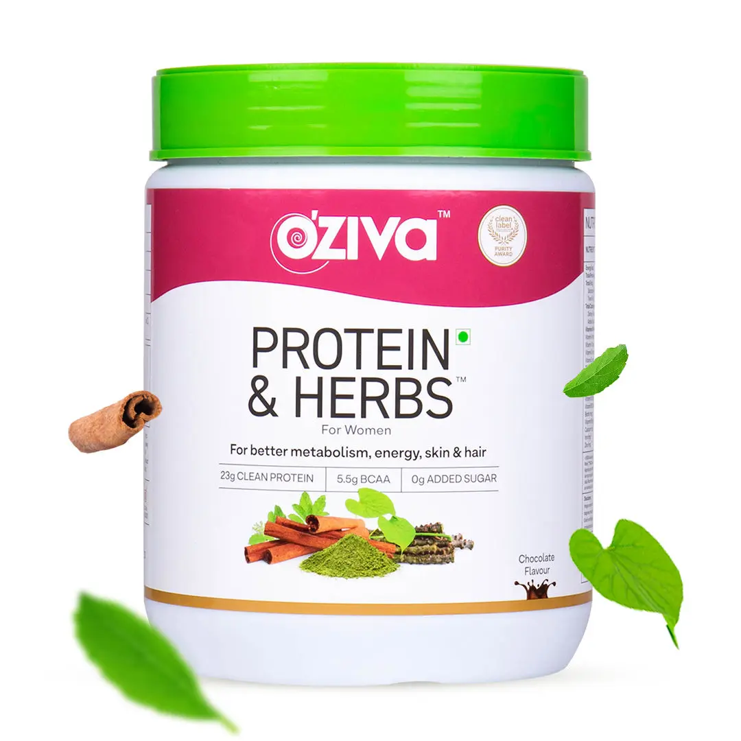 OZiva Protein & Herbs Women, (Natural Protein Powder with Ayurvedic Herbs like Shatavari, Curcumin & Multivitamins for Better Metabolism, Skin & Hair) Chocolate, 500g