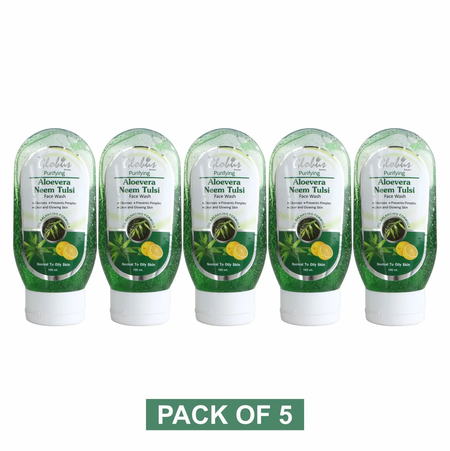 Globus AloeVera,Neem Tulsi Vitamin A&E Face Wash 100 ml (Pack Of 5)