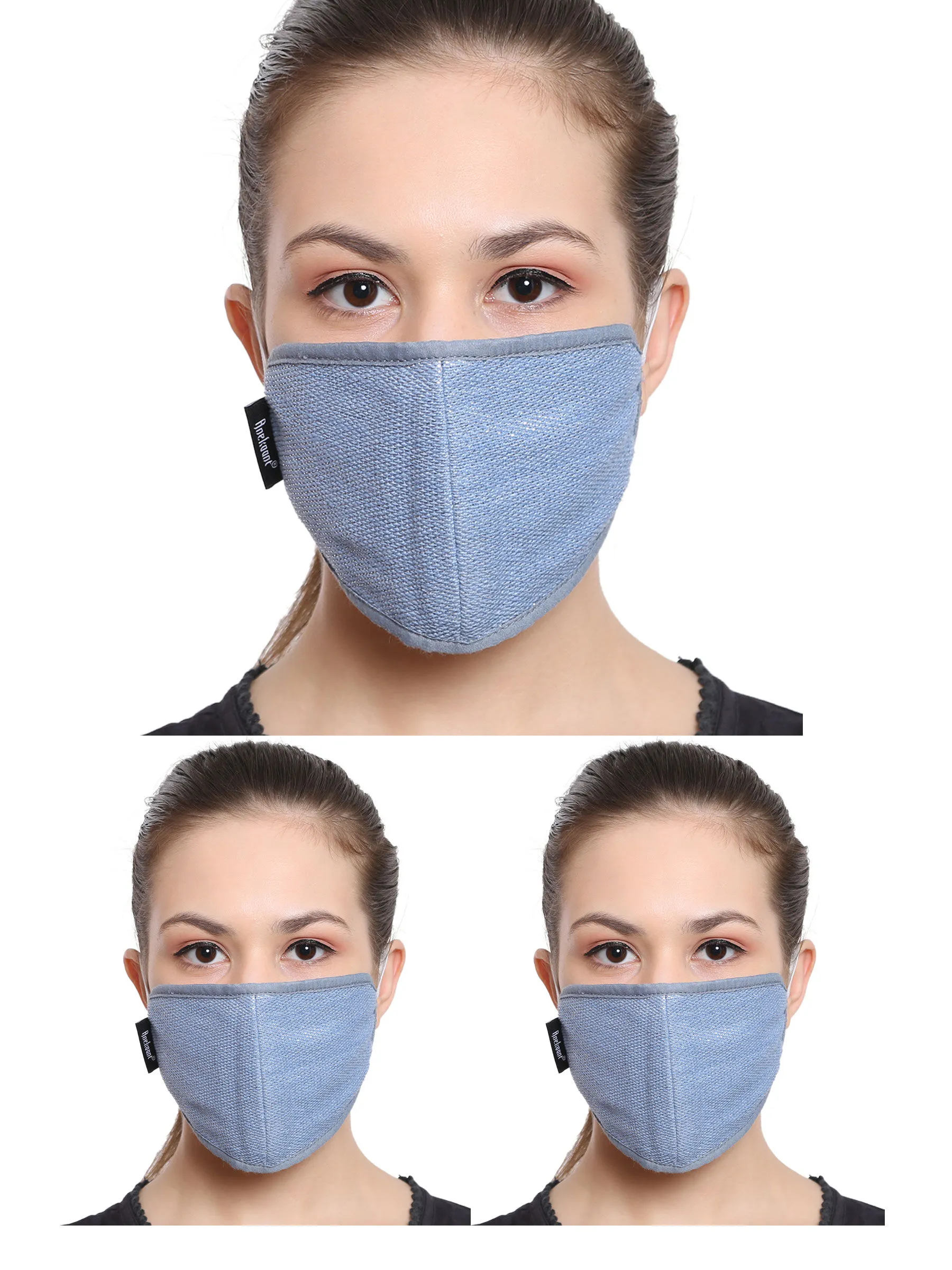 Anekaant Baby Blue & Silver 3-Ply Reusable Cotton Lurex Fabric Fashion Mask (Pack Of 3)