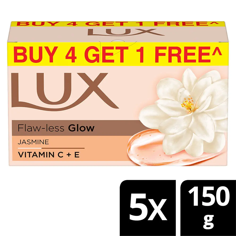 Lux Flaw-less Glow Bathing Soap infused with Vitamin C & E |For Superior Glow|Buy 4 Get 1 Free|150g