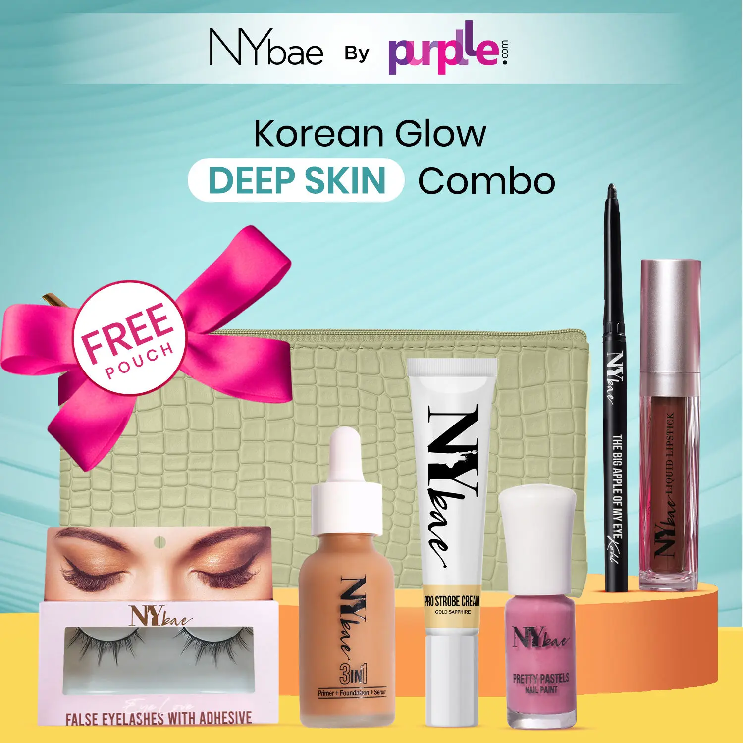 NY Bae Korean Glow Skin Combo | Highlighter | Foundation | Skin Tint | Kajal | Nail Polish | Lipstick | Flase Eyelashes | Free Pouch - Deep Skin