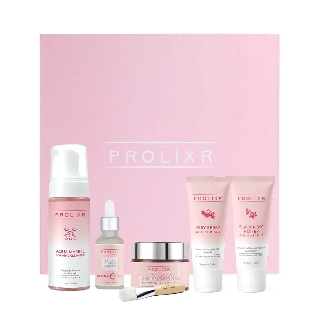 Prolixr Pretty In Pink Gift Box, Sea Algae Mask, Vitamin C Serum, Foaming Cleanser, Rose Honey Facial Scrub, Moisturiser, Skin care Gift