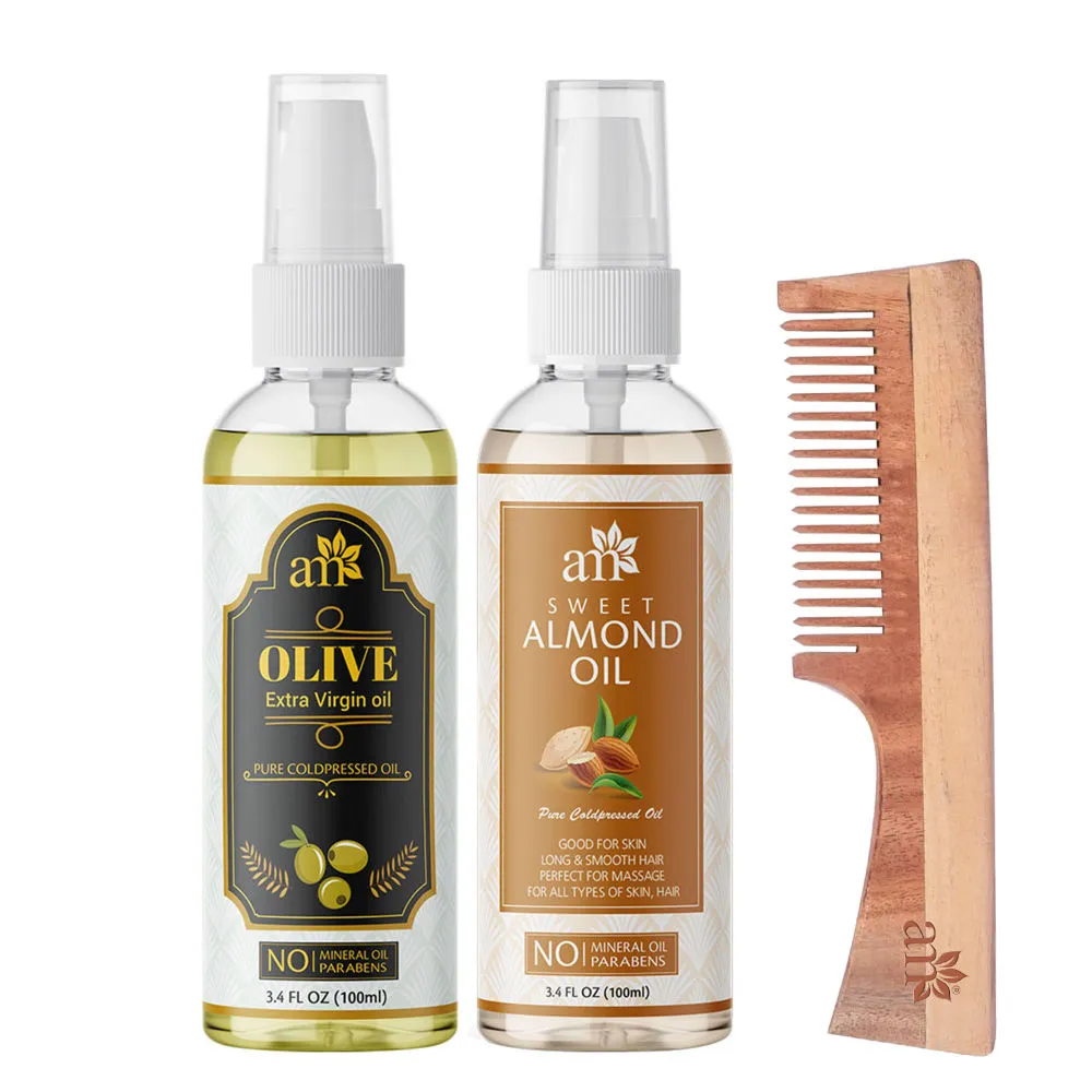 AromaMusk Organic 100% Pure Cold Pressed Olive Sweet Almond Oil & Neem Wood Comb with Handle