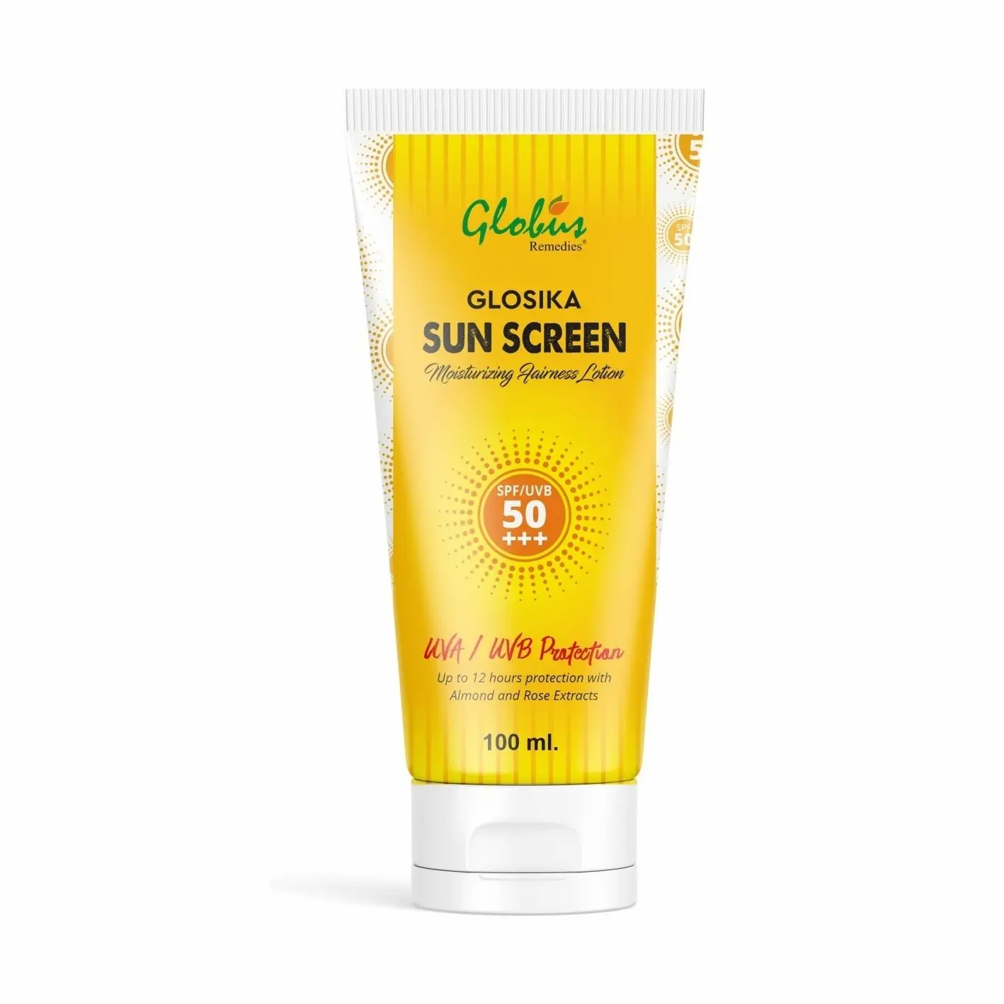 Globus Remedies Glosika Sunscreen Lotion, SPF 50 PA+++ Up to 12hrs Protection with almond & Rose Extract 100ml