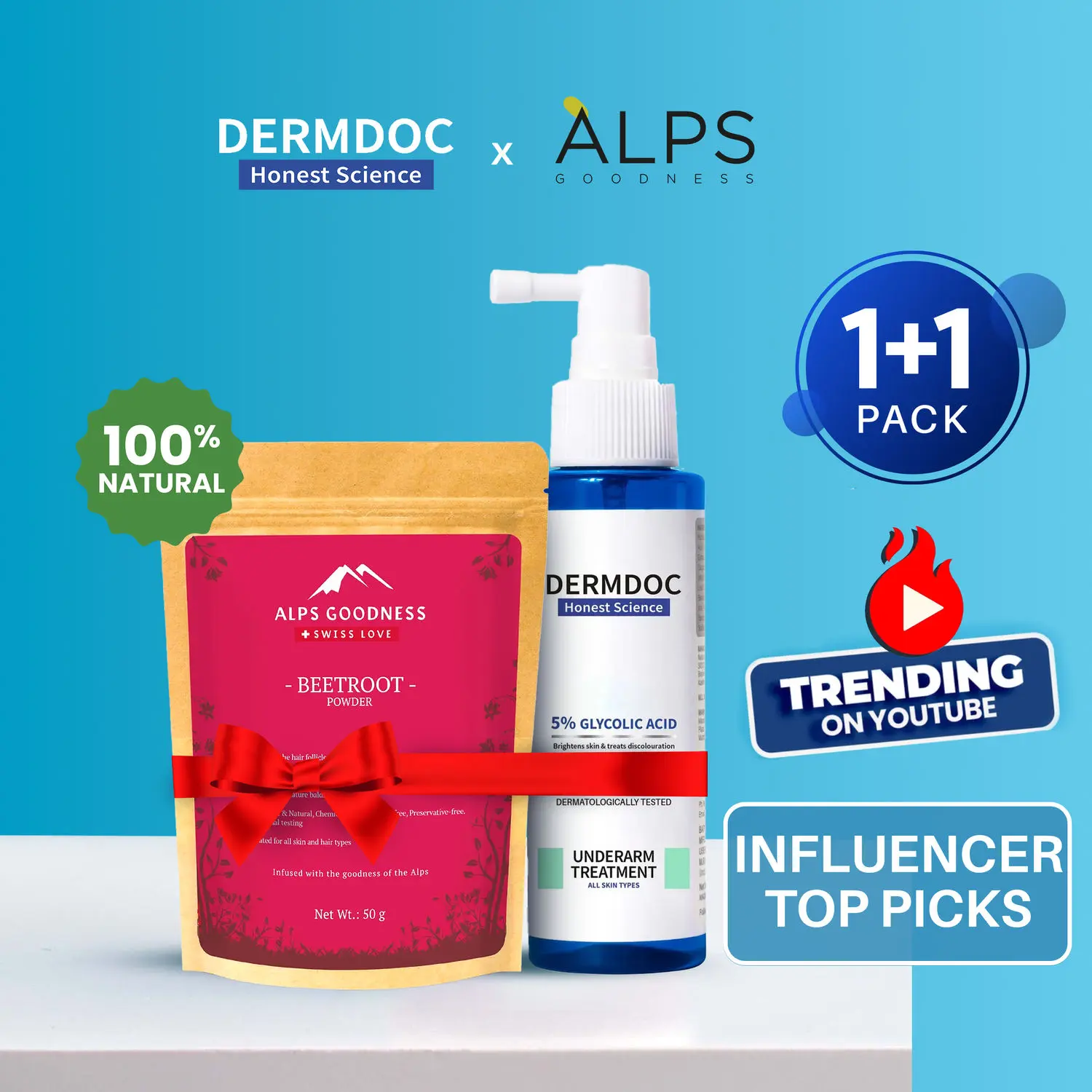 DERMDOC x Alps Goodness Influencer Top Picks Combo Kit | Glycolic Acid Underarm Spray + Beetroot Powder | for dark underarms, underarm brightening | 100% Natural Powder | Hair & Face Mask | Face Pack for Brightening Skin