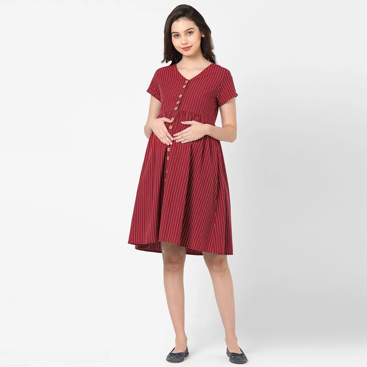 Mystere Paris Stylish Maternity Dress - Maroon (M)