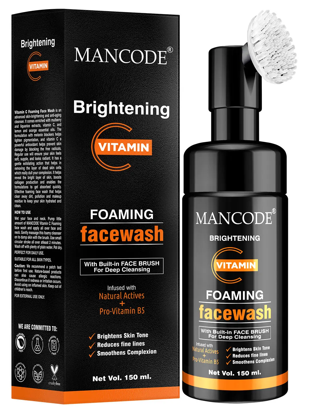 Mancode Brightening Vitamin C Foaming Facewash (With Bult-in Brush) (150 ml)