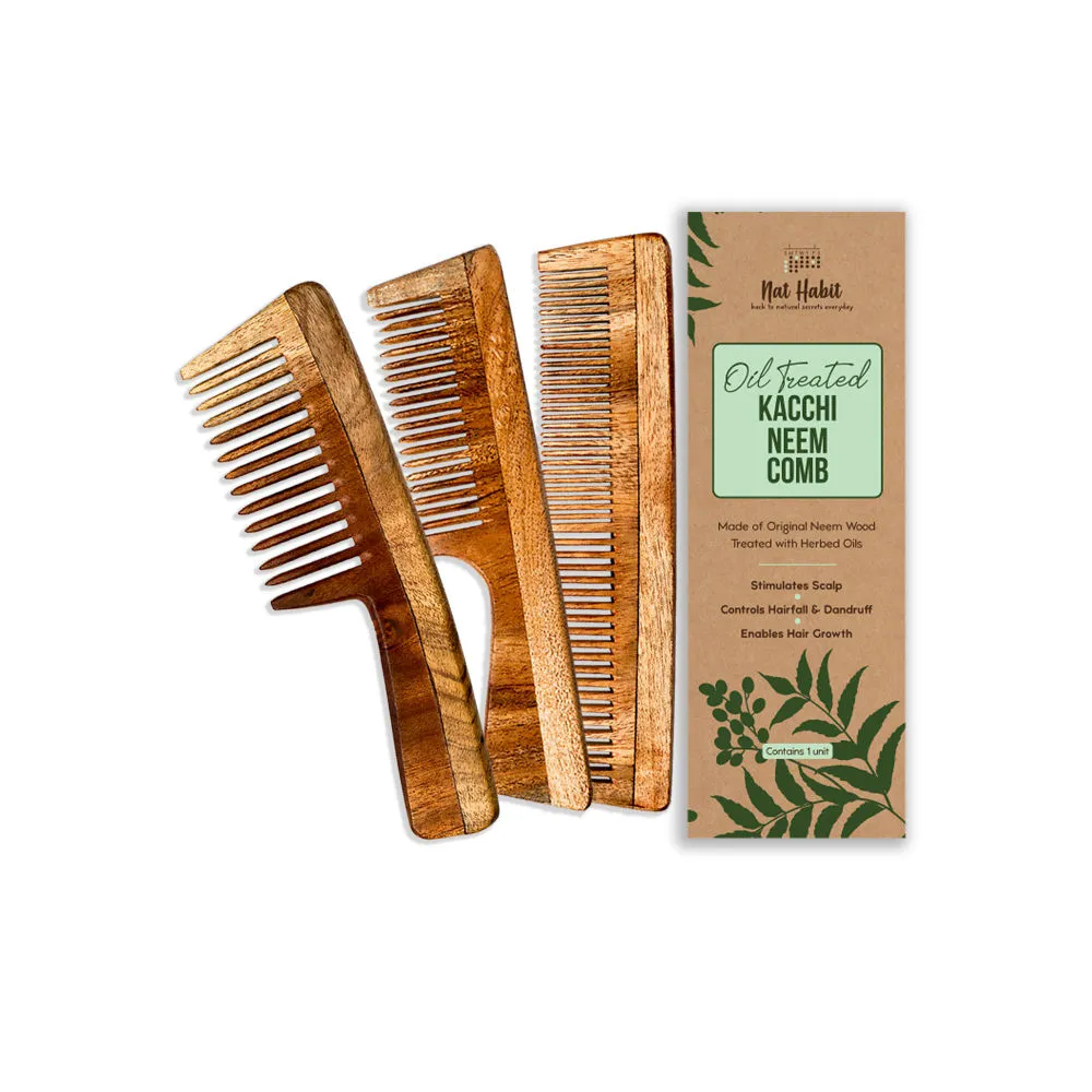 Nat Habit Oil Treated Kacchi Neem Comb - Wide + Dual + Fine Combo