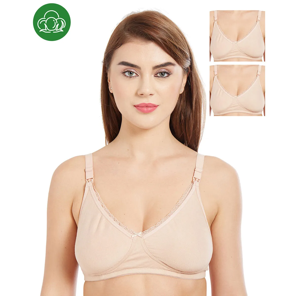 Inner Sense Organic Cotton Antimicrobial Laced Nursing Bra Pack of 3 - Nude