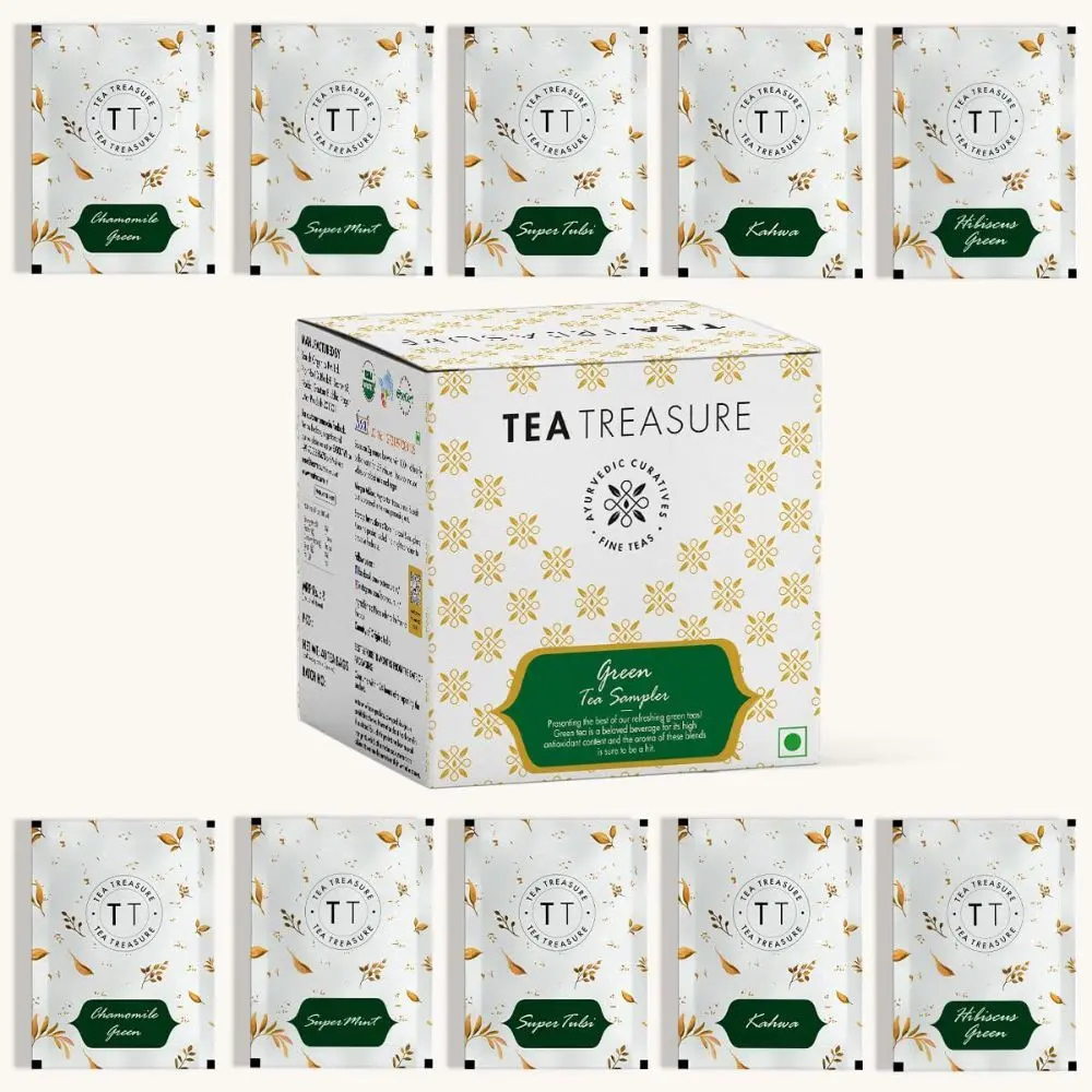 Tea Treasure Green Tea Sampler: Super Tulsi Green Tea, Super Mint Green Tea, Kahwa Green Tea, chamomile Green Tea, Hibiscus green tea (Each 2 Tea bags)