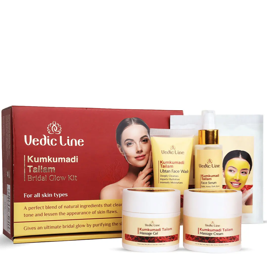 Vedicline Kumkumadi Tailam Bridal Glow Kit helps Deep Clean Pores, Pull out impurities, and Fade Blemishes With Goodness of Almond Oil & Olive Oil For Healthy Glowing Skin 400ml*100gm