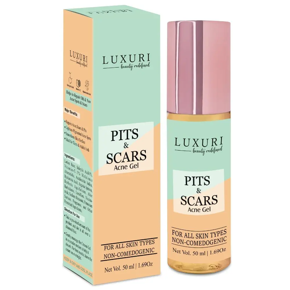 LUXURI Pits & Scars Acne Face Gel, Pits Stop Gel Perfect for Lightening, Pigmented Acne Spots, Glowing & Radiant Skin - 50Ml, Small