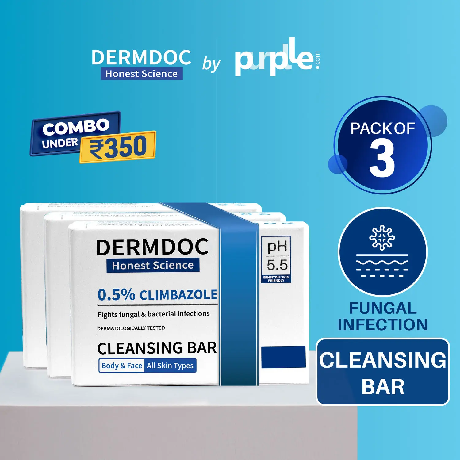 DERMDOC Combo Kit 0.5% Climbazole Cleansing Bar (Pack of 3) | Soap Free, Alkali Free | Mild, Gentle Cleansing Soap, Moisturising Soap, pH 5.5 Soap |antifungal soap, sensitive skin 