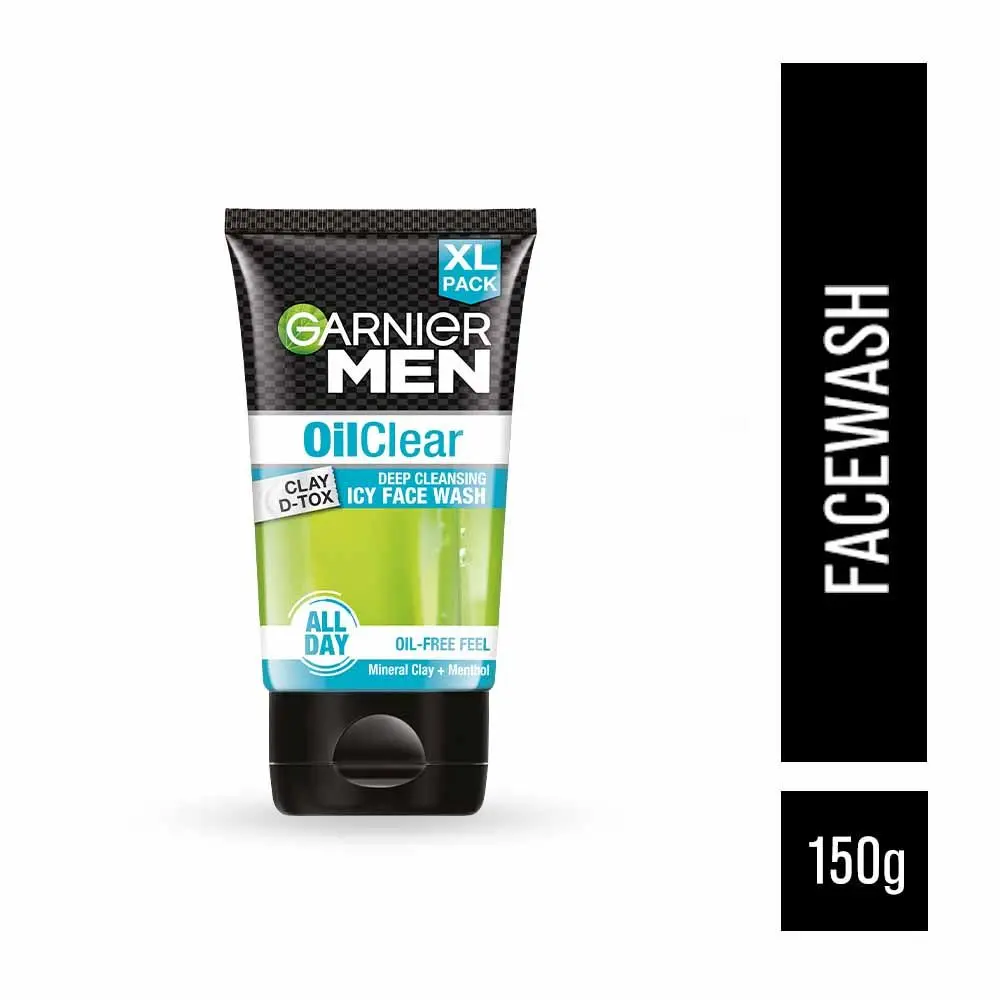 Garnier Men Oil Clear Face Wash | Clay D-Tox Deep Cleansing Icy Face Wash for Oily Skin, 150gm