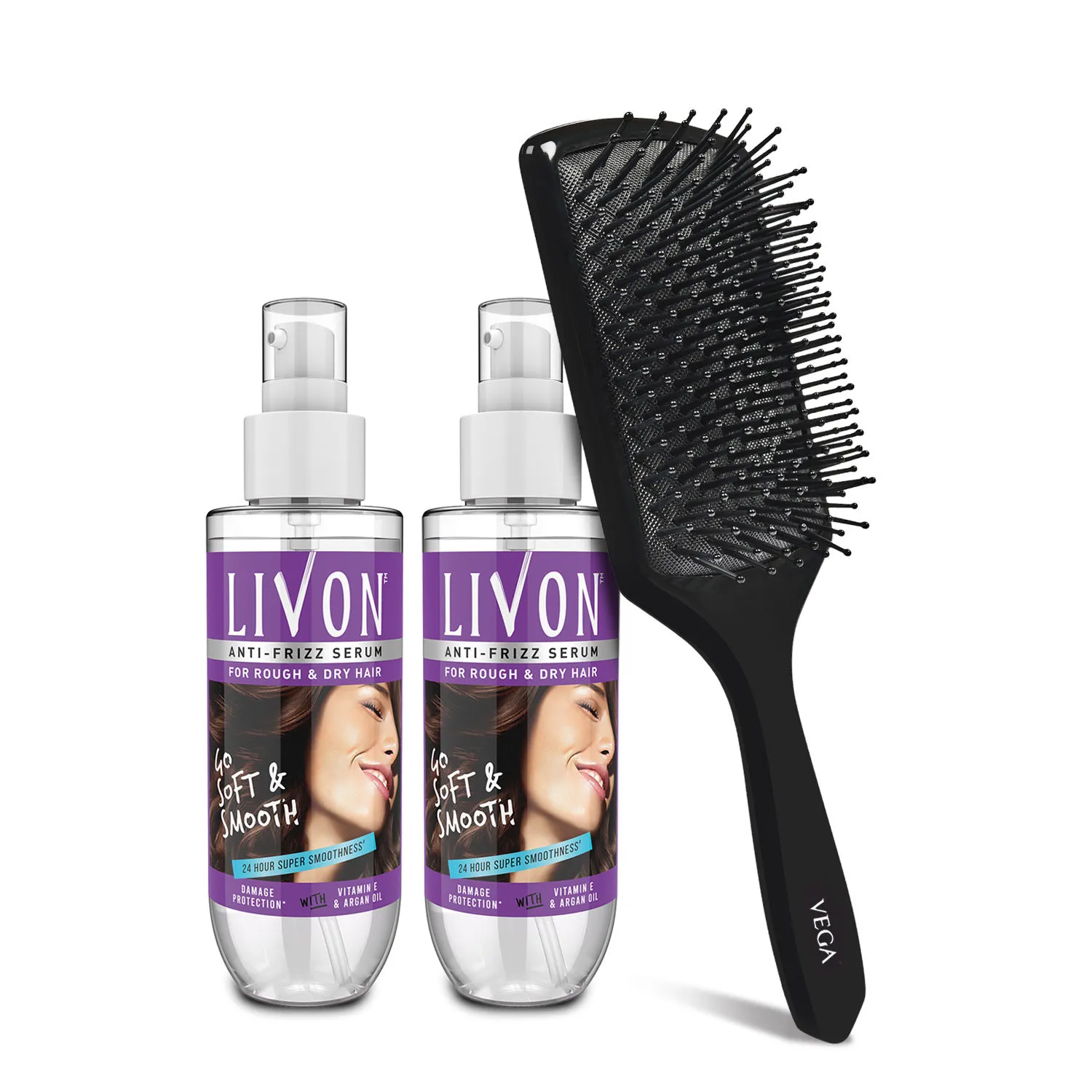 Livon Serum For Dry & Rough Hair For 24 Hour Frizz Free Hai ( Pack Of 2) + Vega Hair Brush