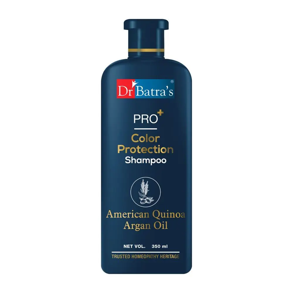 Dr Batra’sPRO+Color Protection Shampoo. Contains American Quinoa, Moroccan Argan Oil, Thuja Extracts. Improves Color Retention. Conditions Hair. Maintains Scalp Health. Sulphate, Paraben, Silicone Free. Suitable for men and women. 350 ml