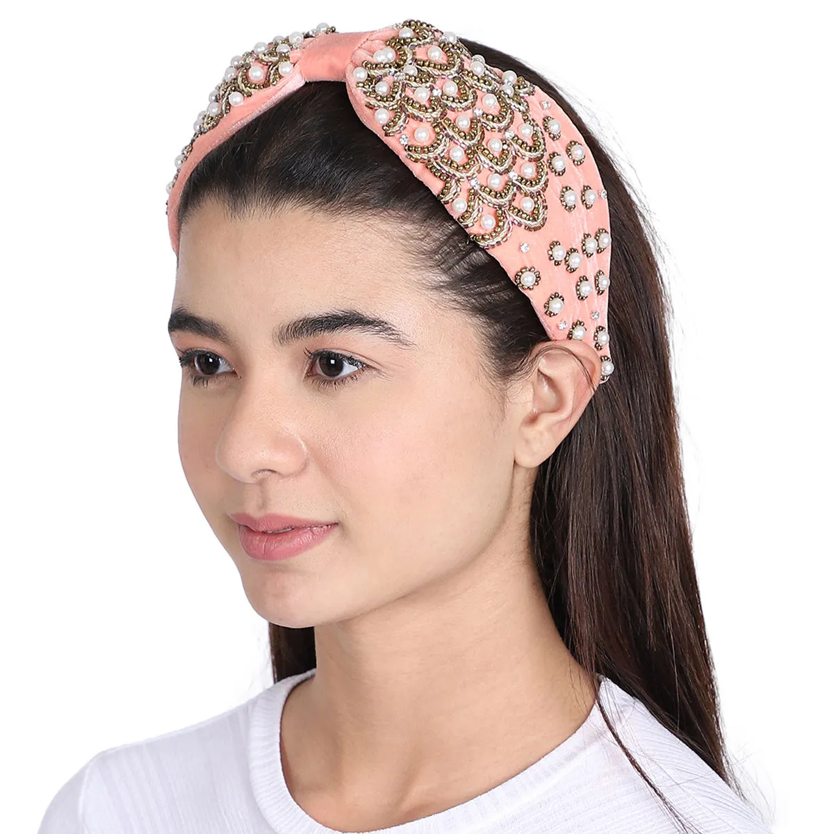 Anekaant Coral/gold Velvet Pearl Beaded Hairband